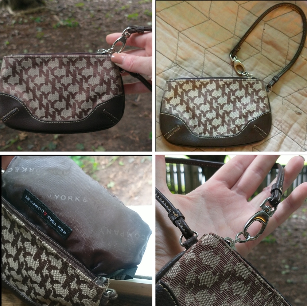 NY&CO. Monogram Two-toned Leather & Canvas Clip-on Coin Purse Wristlet Keychain